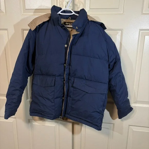 Vintage Alaska Safari Down Jacket Mens L Blue Hooded Puffer Parka Coat 90s Warm